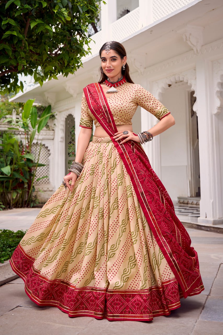 Beige Tussar Silk Bandhani Print Lehenga Choli with Dupatta for Navratri