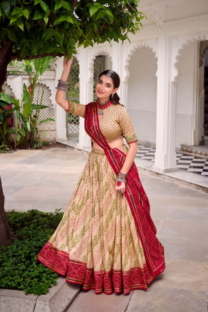 Beige Tussar Silk Bandhani Print Lehenga Choli with Dupatta for Navratri - 2