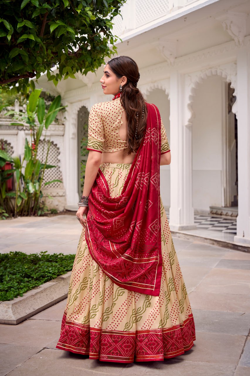 Beige Tussar Silk Bandhani Print Lehenga Choli with Dupatta for Navratri - 3