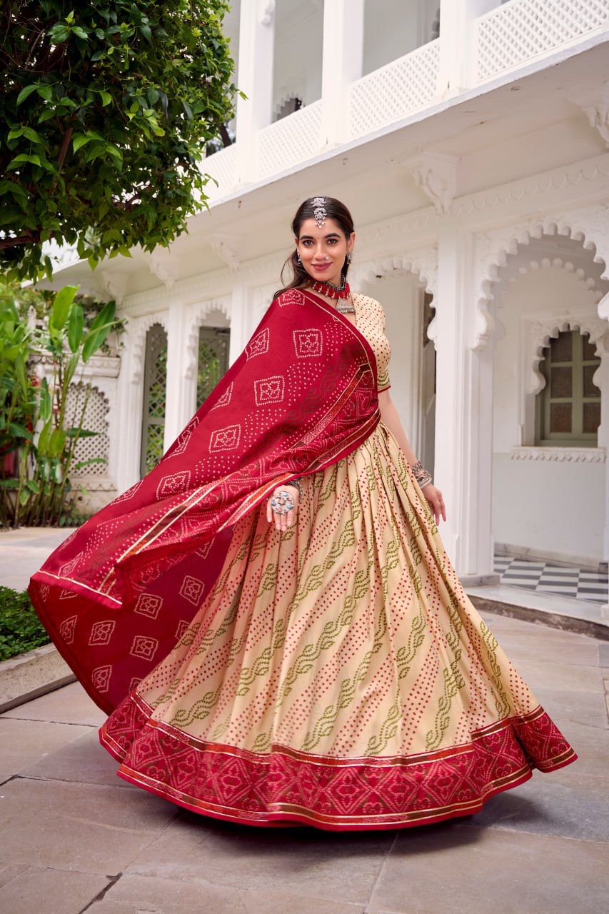 Beige Tussar Silk Bandhani Print Lehenga Choli with Dupatta for Navratri - 6