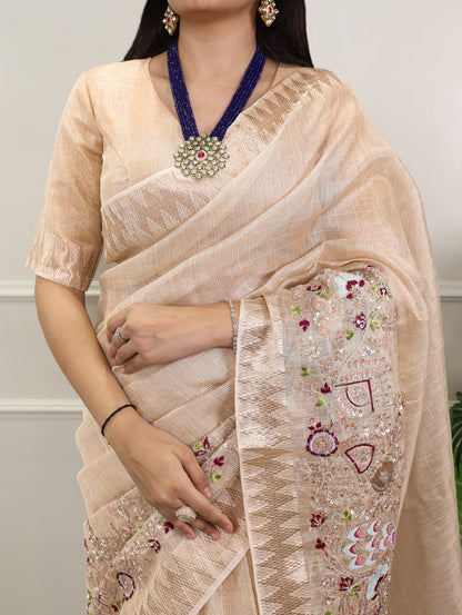 Beige Zari Kota Tissue Embroidery Beads Zari Weaving Work With Saree 