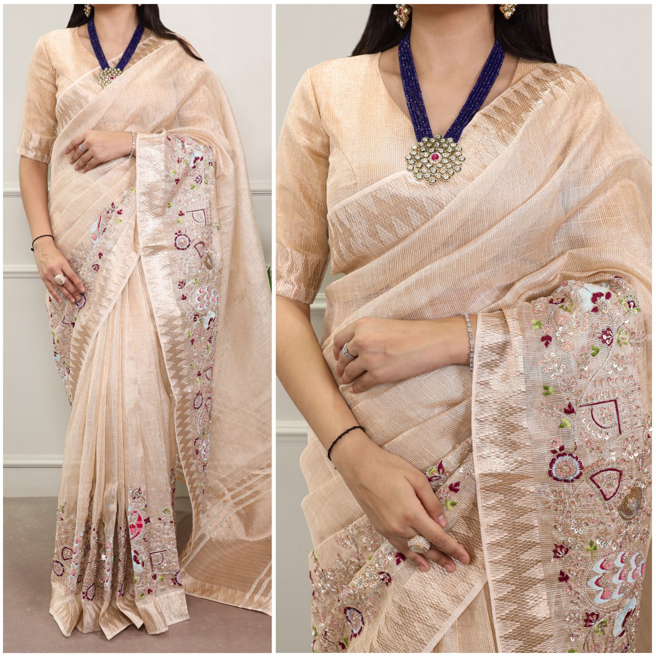 Beige Zari Kota Tissue Embroidery Beads Zari Weaving Work With Saree 