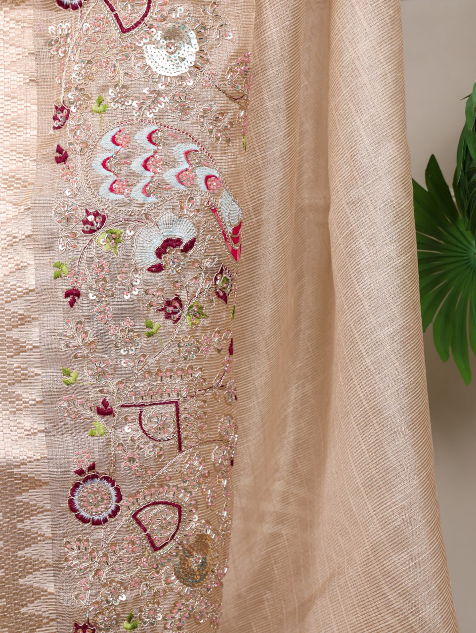 Beige Zari Kota Tissue Embroidery Beads Zari Weaving Work With Saree 