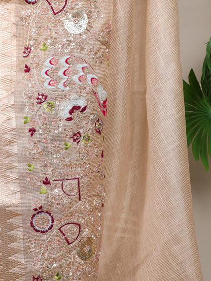Beige Zari Kota Tissue Embroidery Beads Zari Weaving Work With Saree 