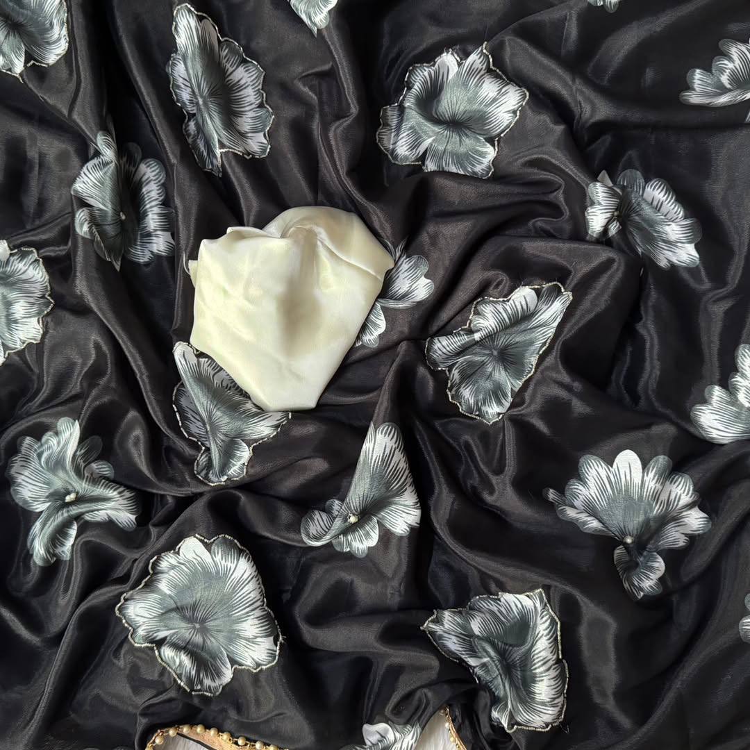 Black Chinnon Silk Printed Saree with Satin Silk Blouse