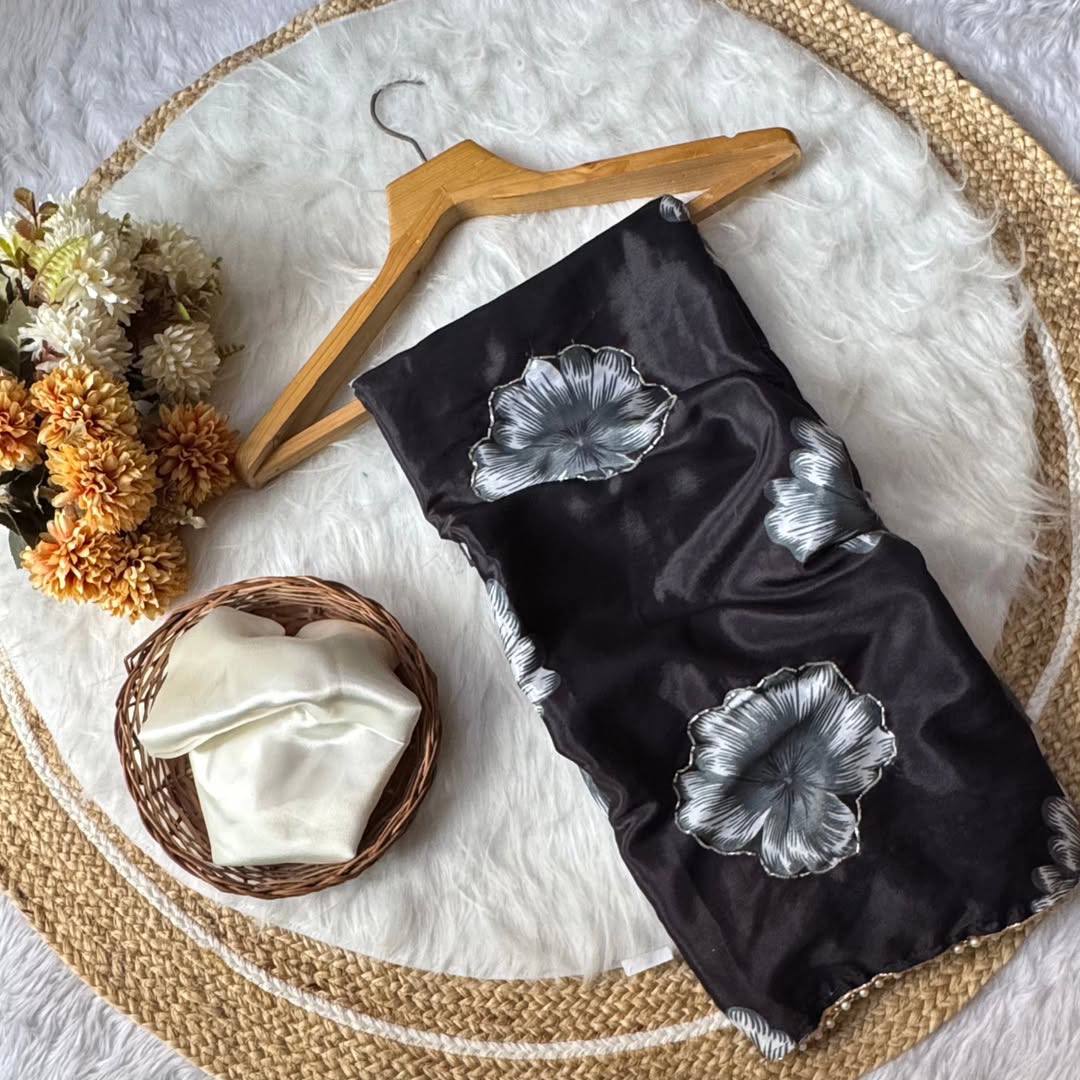Black Chinnon Silk Printed Saree with Satin Silk Blouse