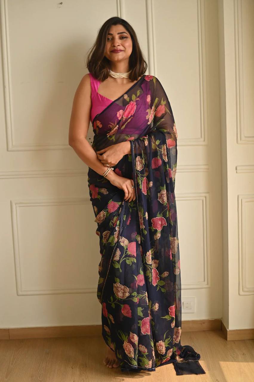 Black Digital Georgette Pink and Green Floral Flowers Printed Saree  