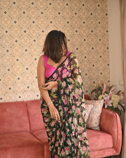 Black Digital Georgette Pink and Green Floral Flowers Printed Saree  
