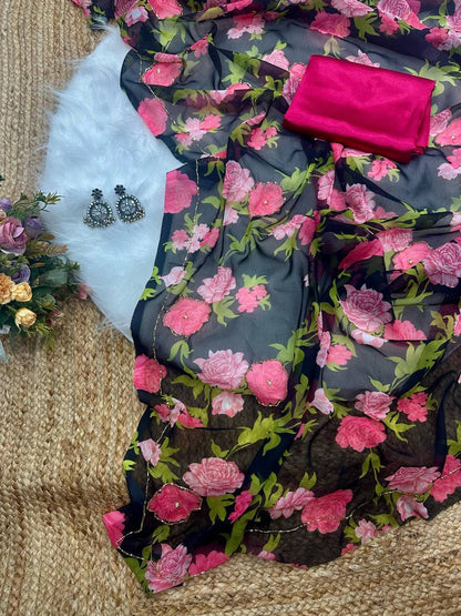 Black Digital Georgette Pink and Green Floral Flowers Printed Saree  