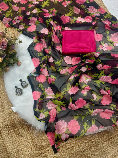 Black Digital Georgette Pink and Green Floral Flowers Printed Saree  