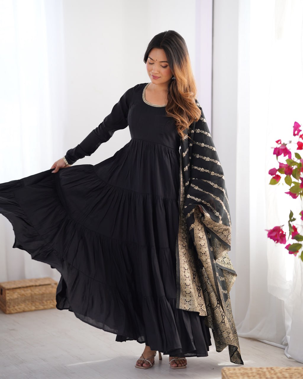 Black Elegant Festive Wear Anarkali Suit – Pure Dupatta & Pant Set