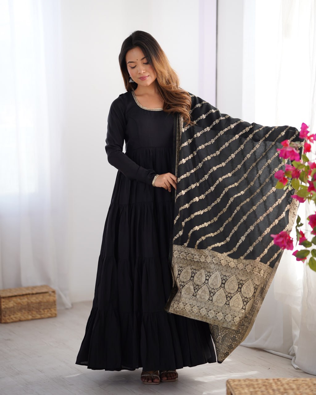 Black Elegant Festive Wear Anarkali Suit – Pure Dupatta & Pant Set