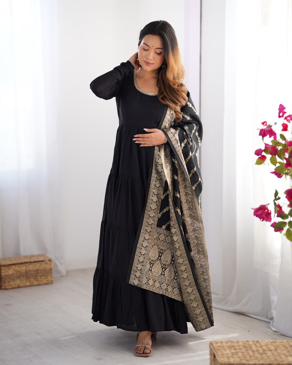 Black Elegant Festive Wear Anarkali Suit – Pure Dupatta & Pant Set