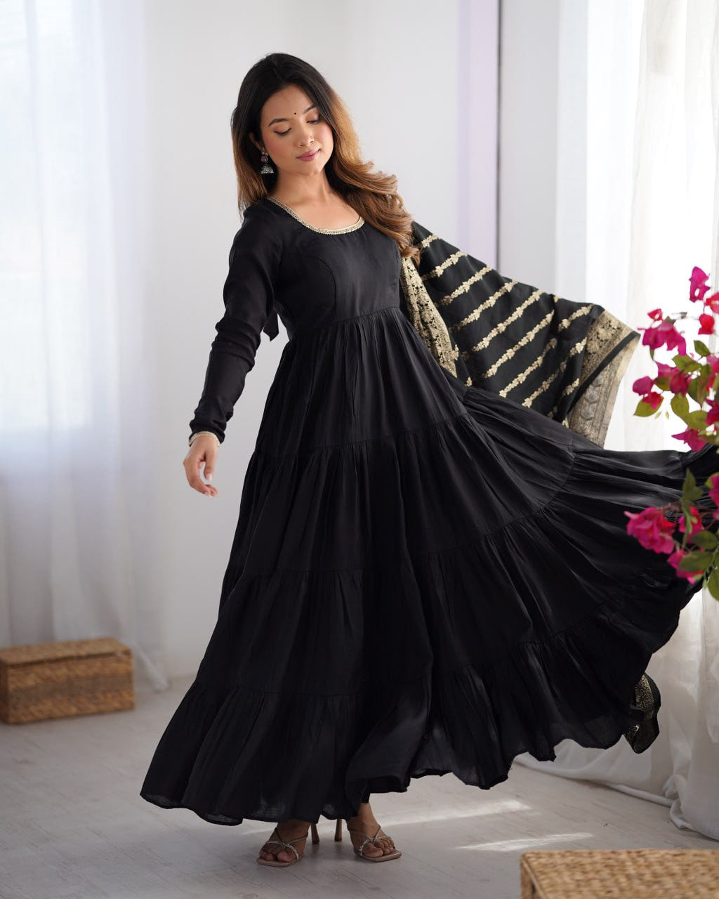 Black Elegant Festive Wear Anarkali Suit – Pure Dupatta & Pant Set