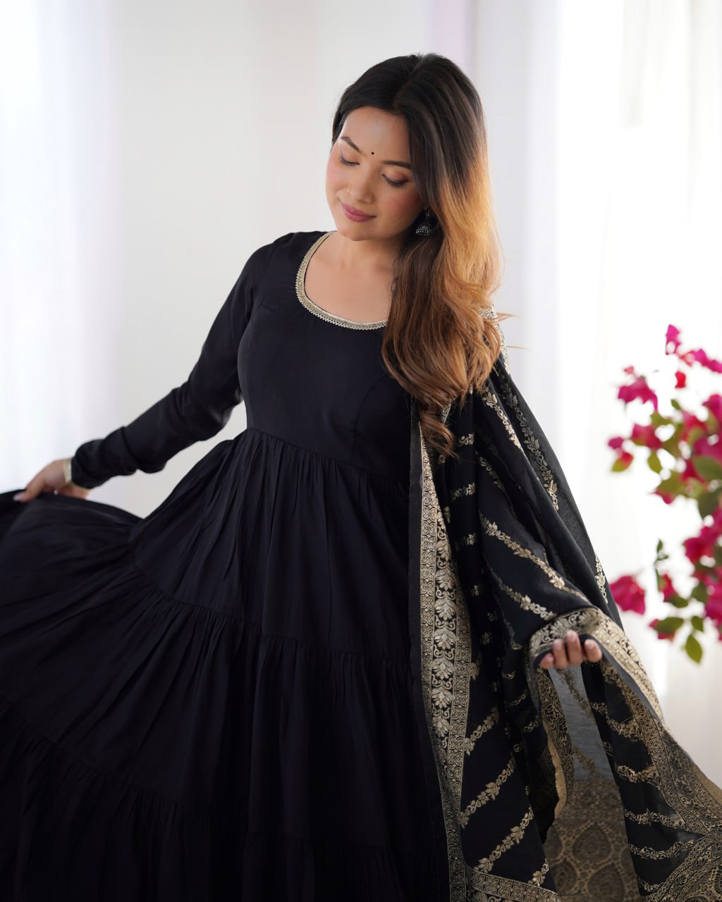 Black Elegant Festive Wear Anarkali Suit – Pure Dupatta & Pant Set