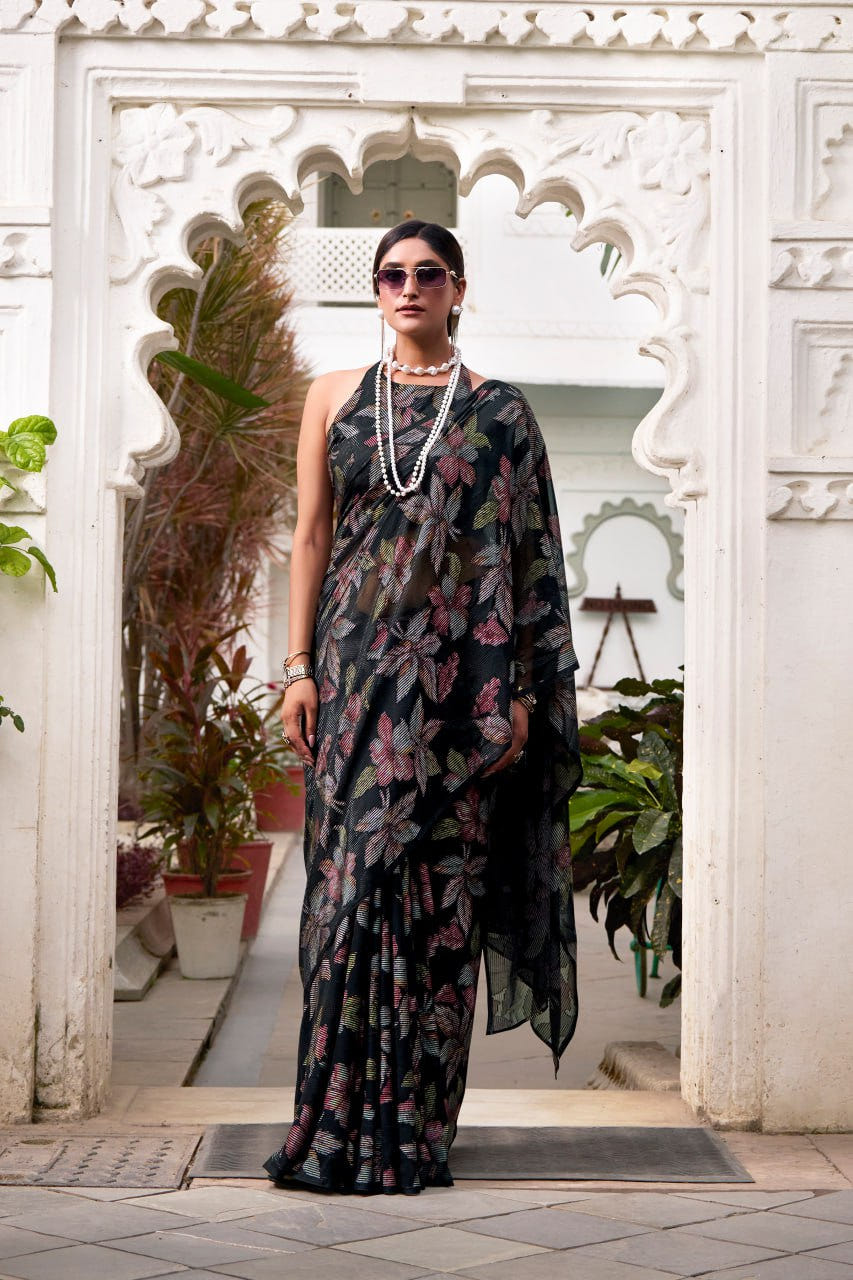 Black Lurex Brasso Floral Viscose Saree with Matching Blouse