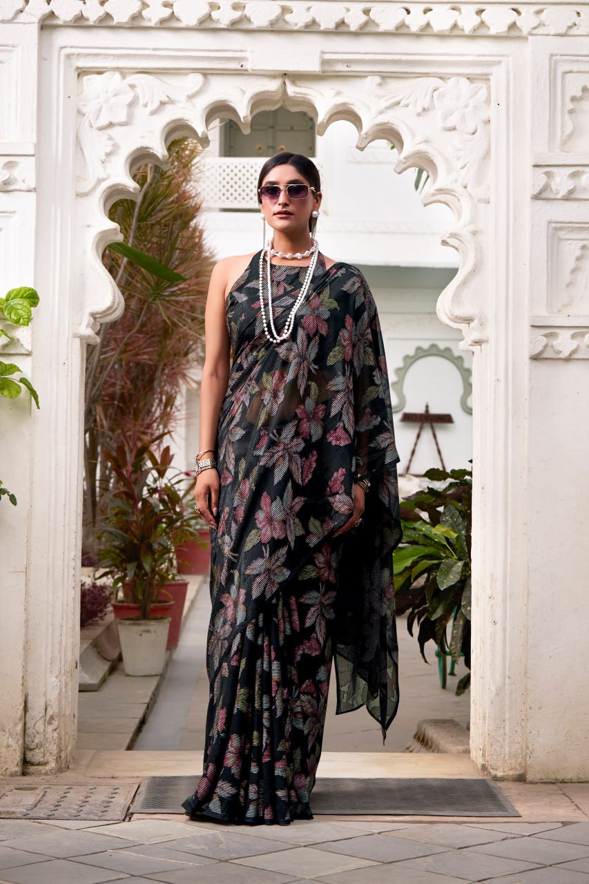 Black Lurex Brasso Floral Viscose Saree with Matching Blouse