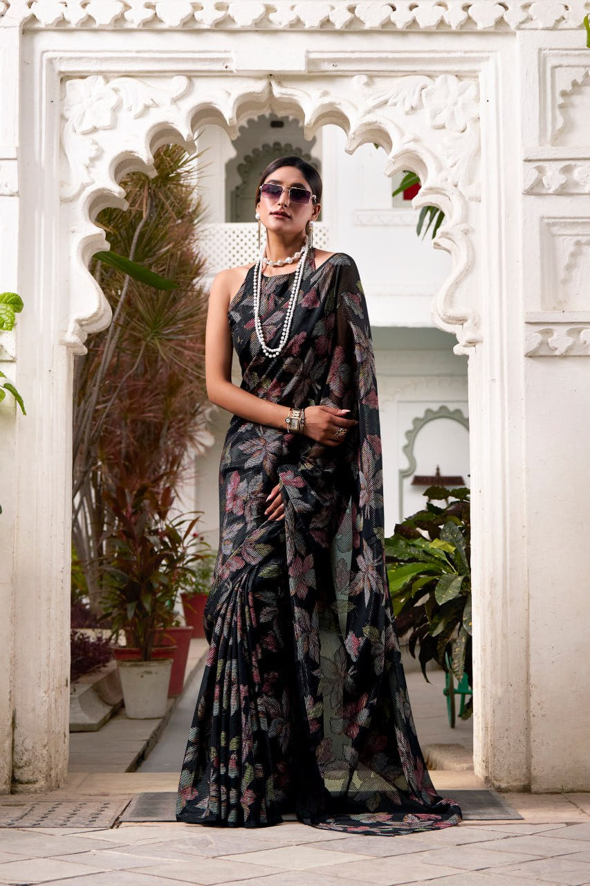 Black Lurex Brasso Floral Viscose Saree with Matching Blouse