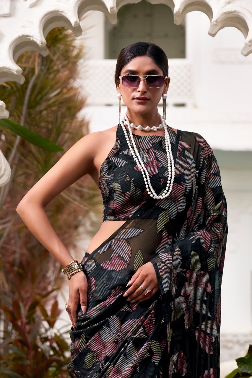 Black Lurex Brasso Floral Viscose Saree with Matching Blouse