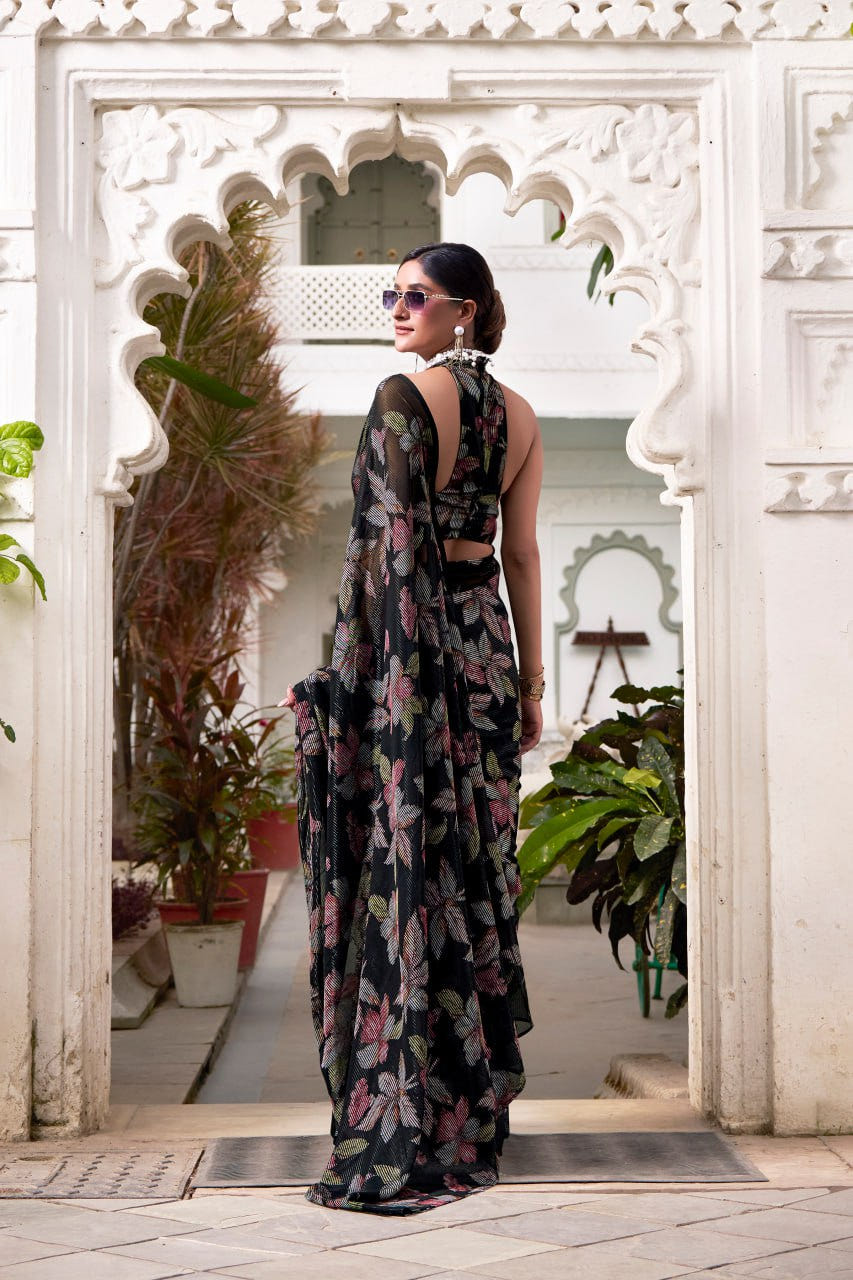Black Lurex Brasso Floral Viscose Saree with Matching Blouse