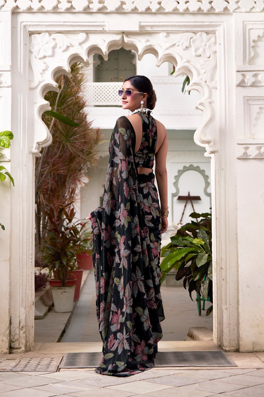 Black Lurex Brasso Floral Viscose Saree with Matching Blouse