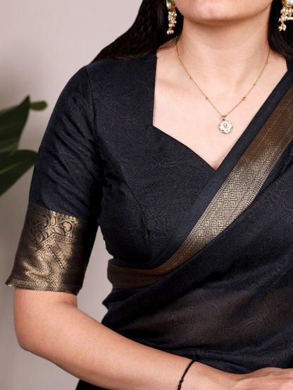 Black Marsh Mello Zari Weaving Saree with Matching Blouse