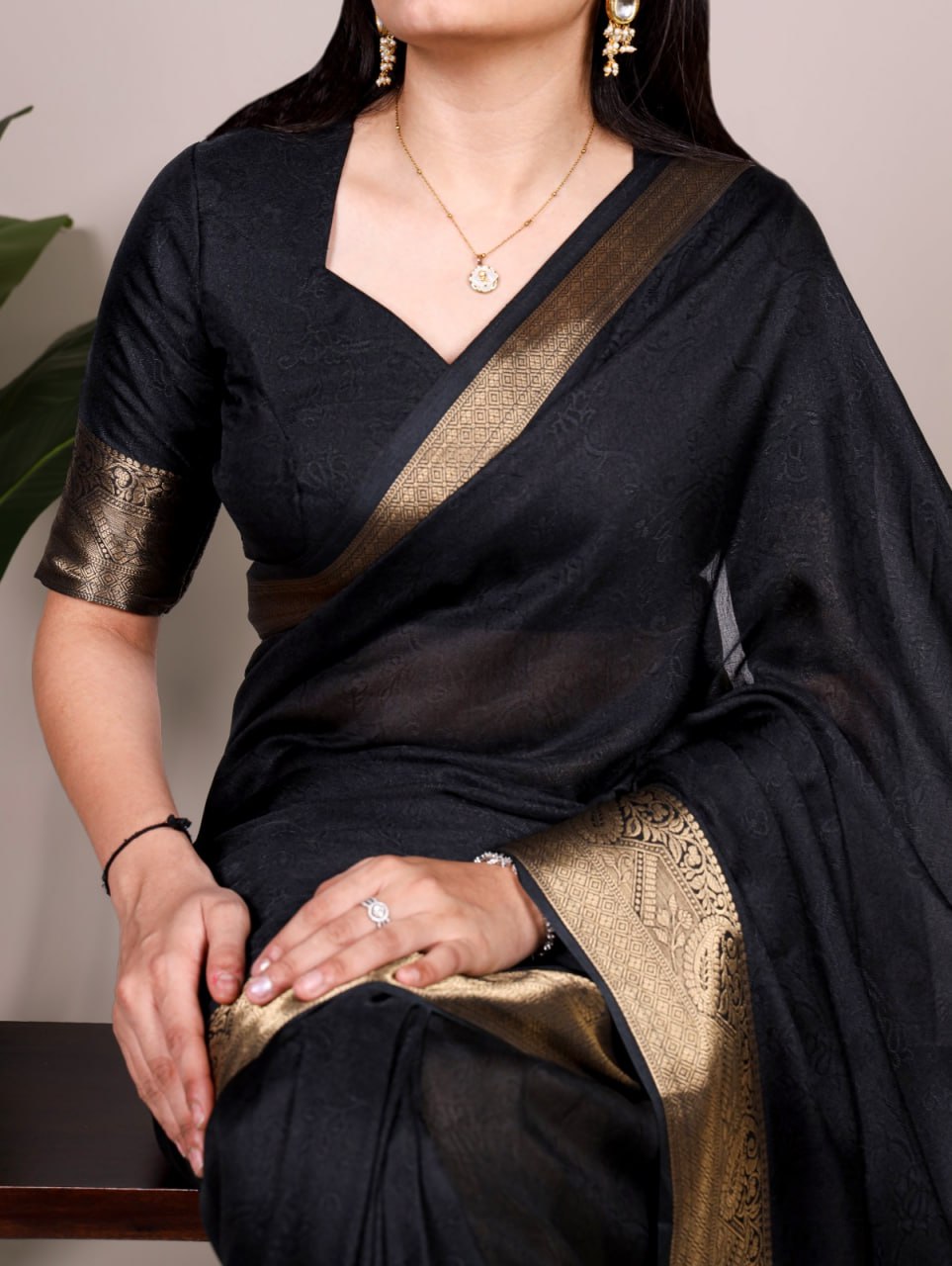 Black Marsh Mello Zari Weaving Saree with Matching Blouse