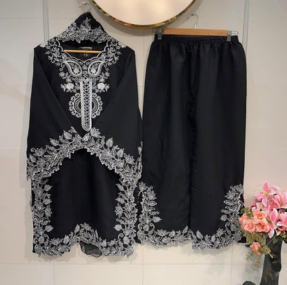 Black Natural Crepe Sequins Embroidered Palazzo Suit Dupatta