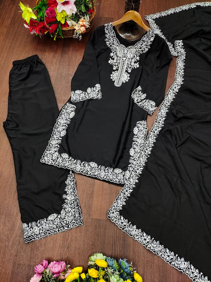 Black Natural Crepe Sequins Embroidered Palazzo Suit Dupatta