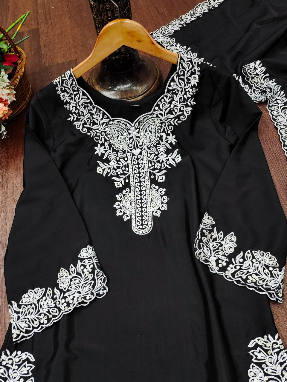 Black Natural Crepe Sequins Embroidered Palazzo Suit Dupatta