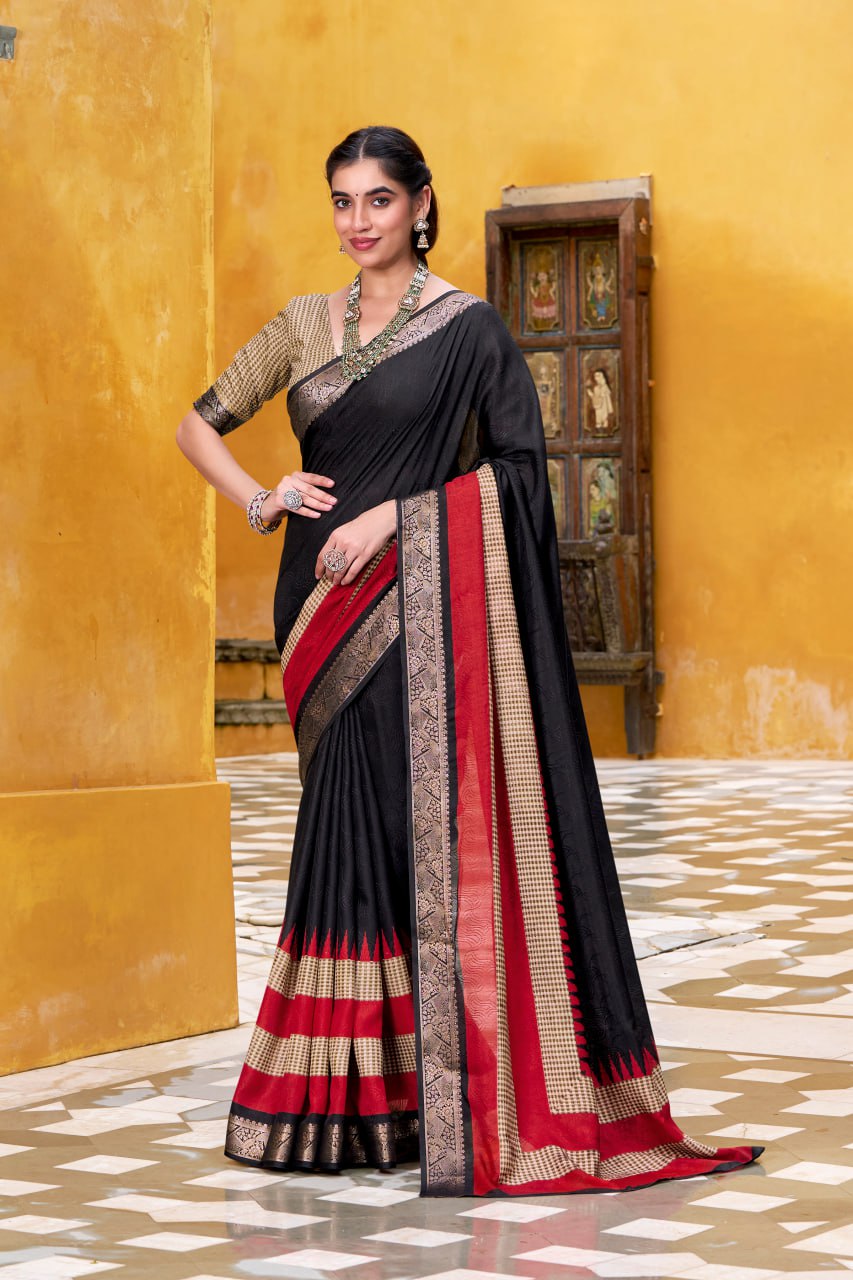 Black Poly Cotton Printed Zari Saree with A Red And Gold Border