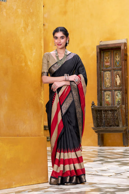Black Poly Cotton Printed Zari Saree with A Red And Gold Border