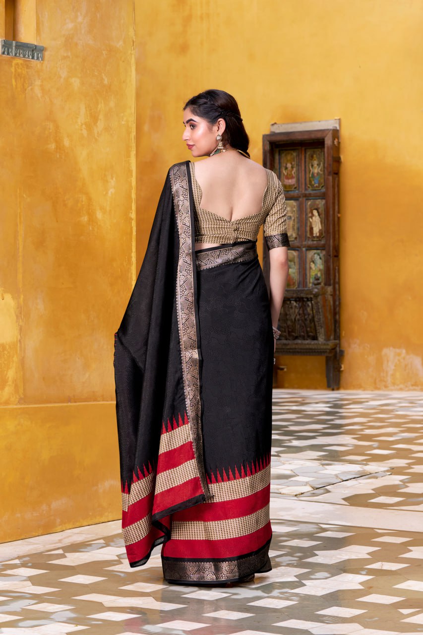 Black Poly Cotton Printed Zari Saree with A Red And Gold Border