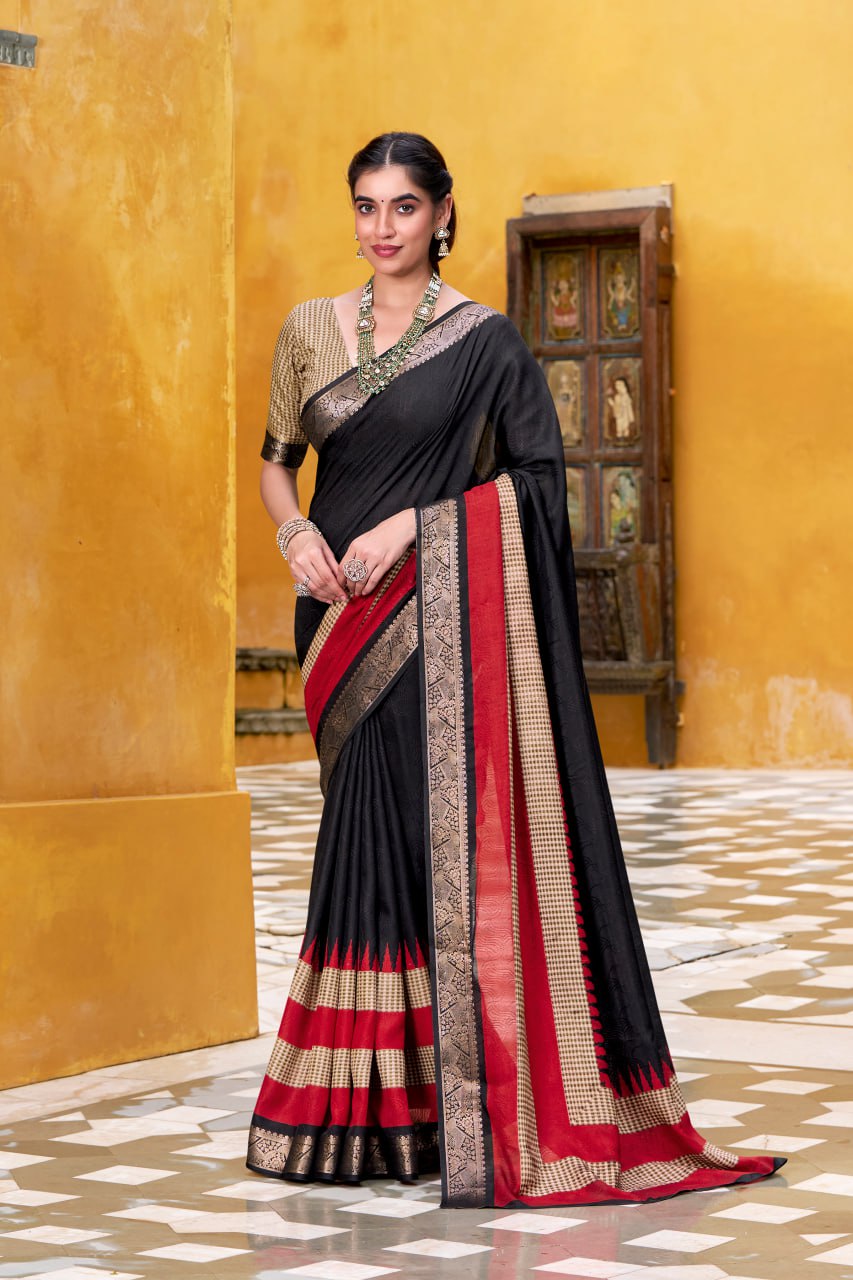 Black Poly Cotton Printed Zari Saree with A Red And Gold Border