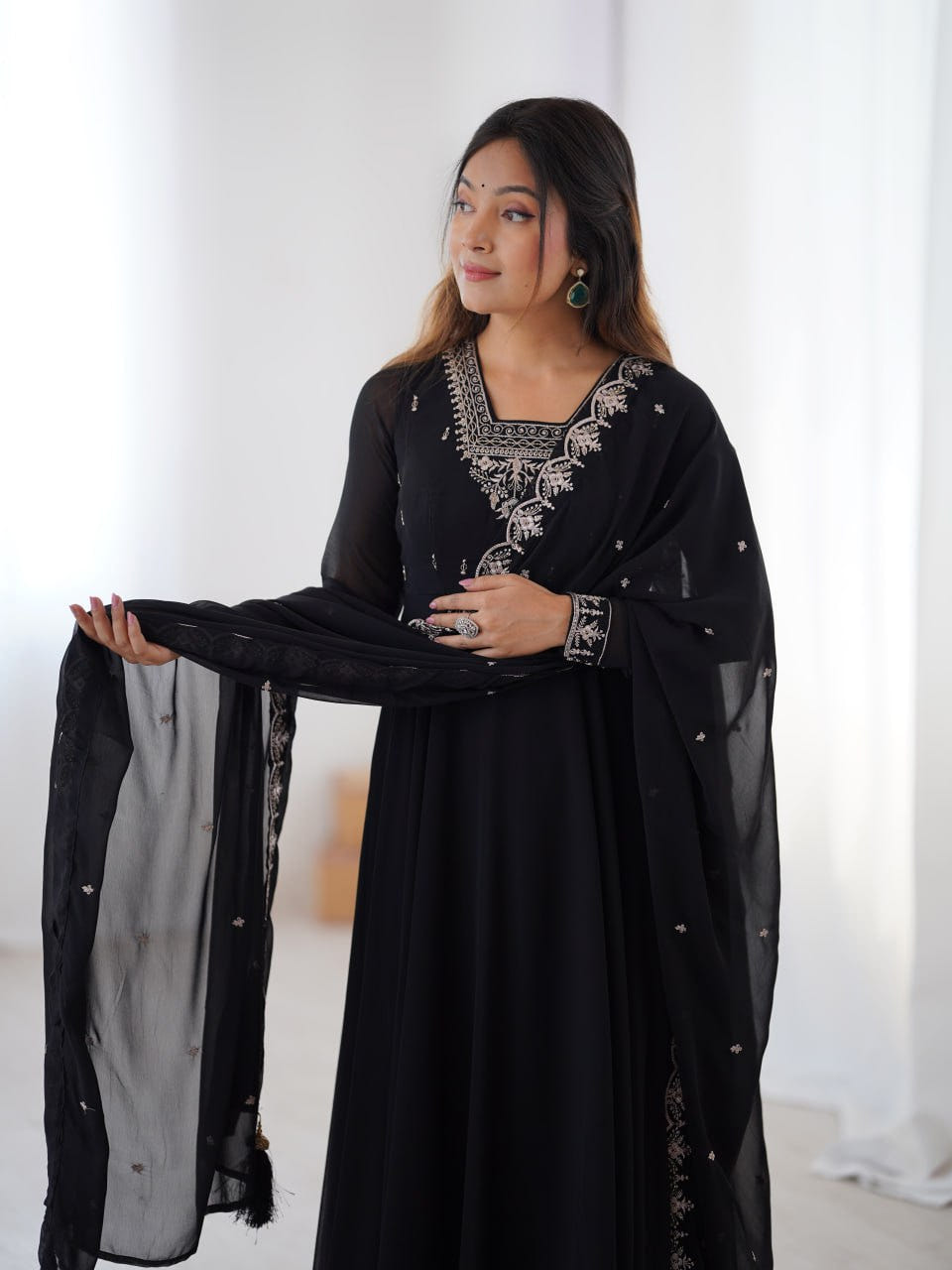 BLACK Premium Georgette Embroidered Anarkali Suit Beads–Zari Dupatta