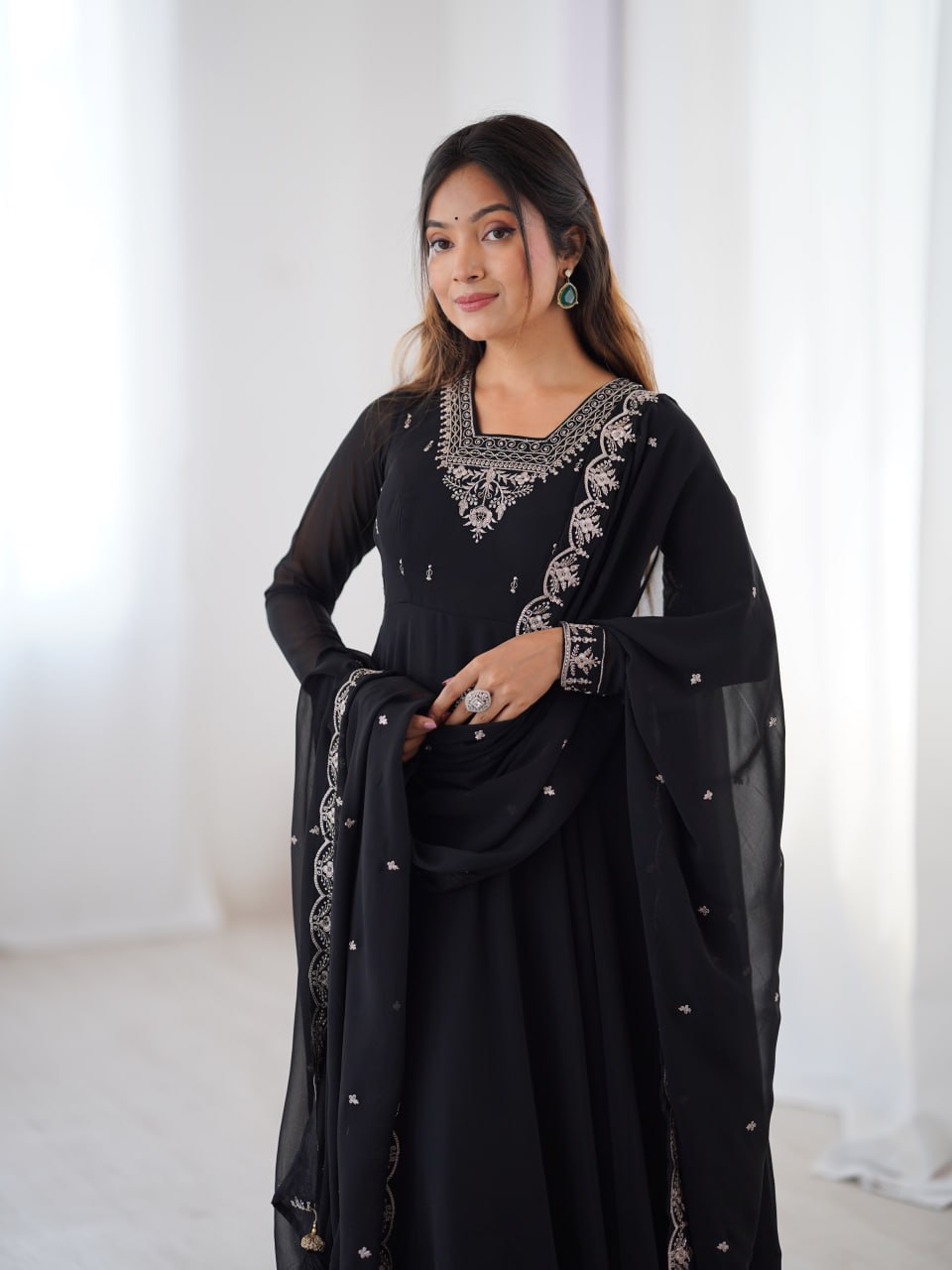 BLACK Premium Georgette Embroidered Anarkali Suit Beads–Zari Dupatta