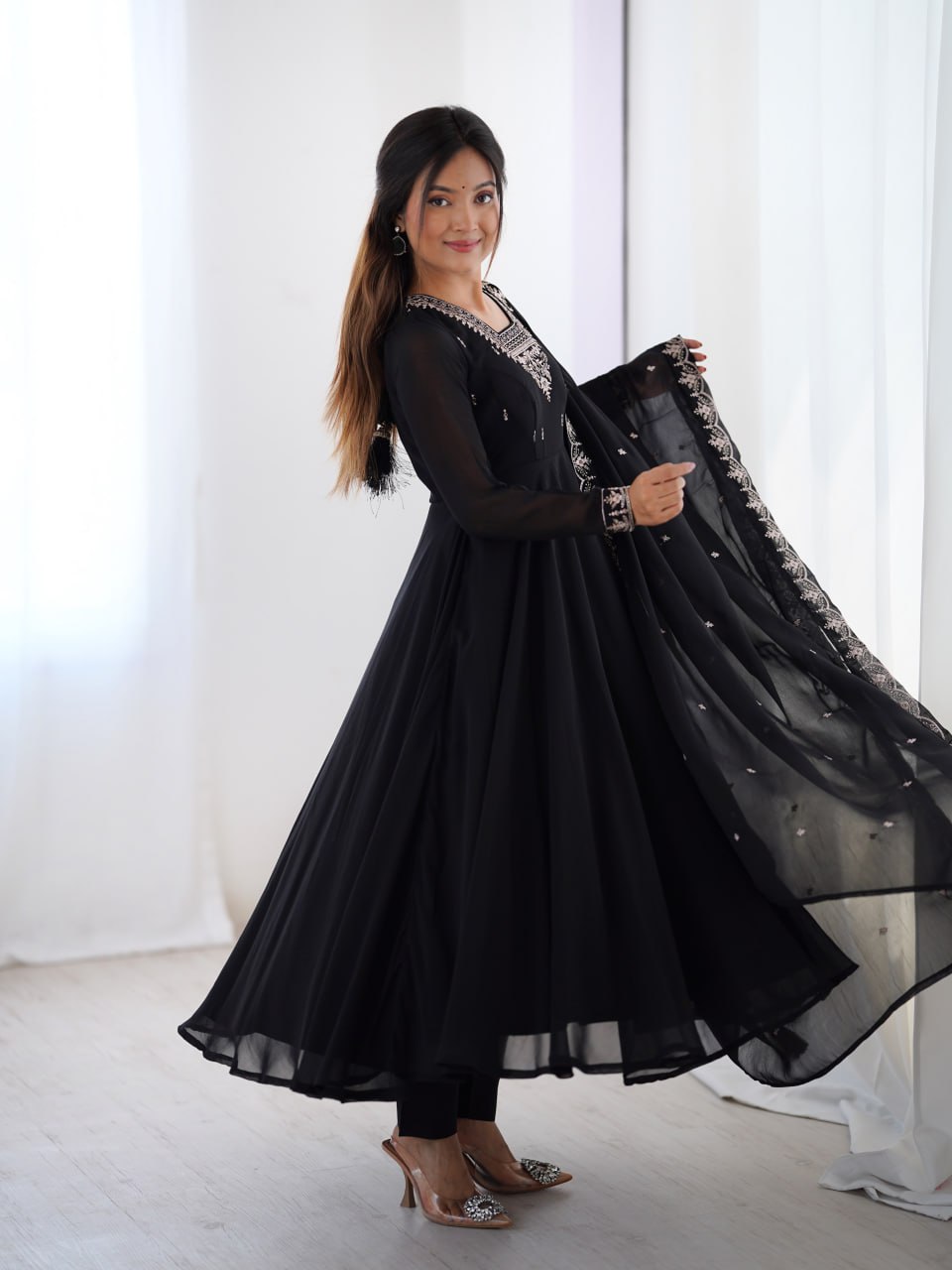 BLACK Premium Georgette Embroidered Anarkali Suit Beads–Zari Dupatta