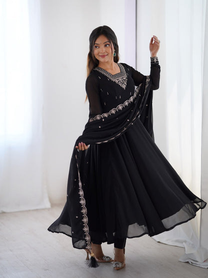 BLACK Premium Georgette Embroidered Anarkali Suit Beads–Zari Dupatta