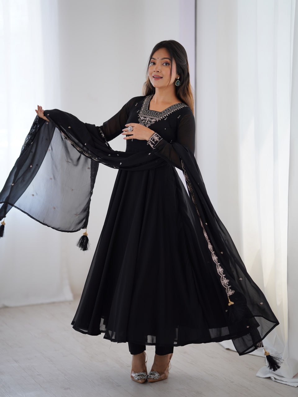 BLACK Premium Georgette Embroidered Anarkali Suit Beads–Zari Dupatta