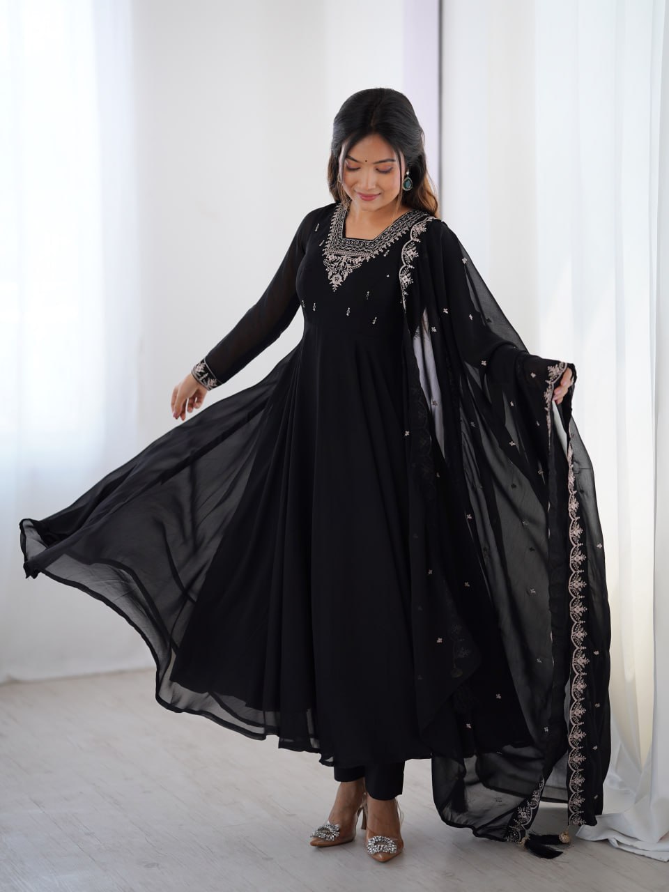 BLACK Premium Georgette Embroidered Anarkali Suit Beads–Zari Dupatta