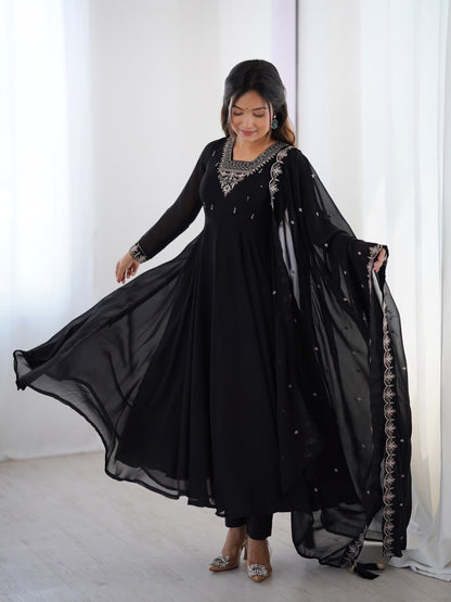 BLACK Premium Georgette Embroidered Anarkali Suit Beads–Zari Dupatta