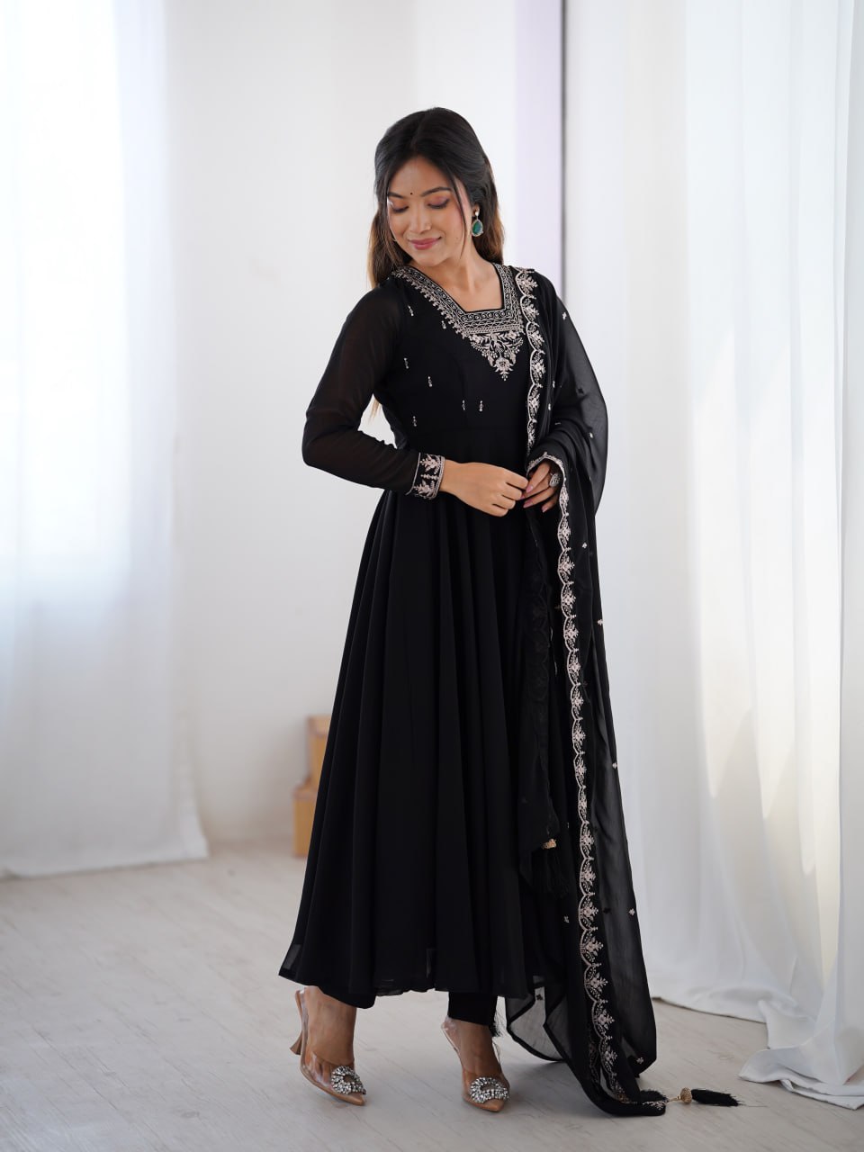 BLACK Premium Georgette Embroidered Anarkali Suit Beads–Zari Dupatta