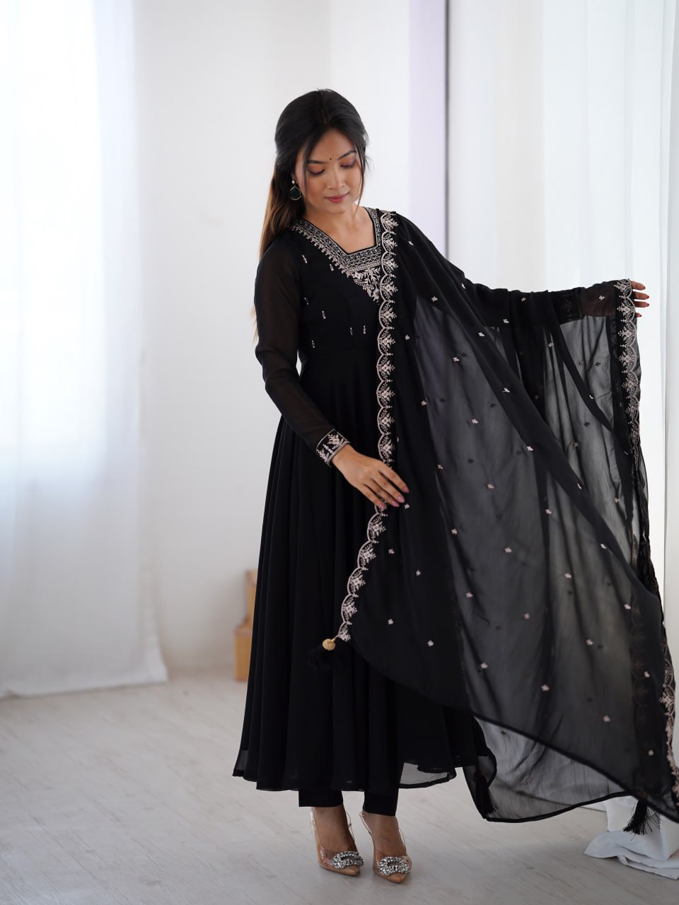 BLACK Premium Georgette Embroidered Anarkali Suit Beads–Zari Dupatta