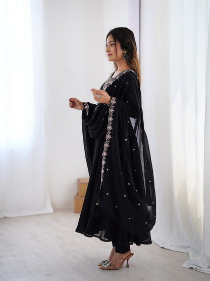 BLACK Premium Georgette Embroidered Anarkali Suit Beads–Zari Dupatta
