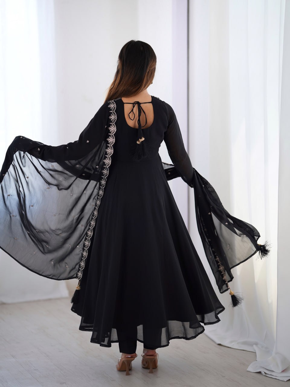 BLACK Premium Georgette Embroidered Anarkali Suit Beads–Zari Dupatta