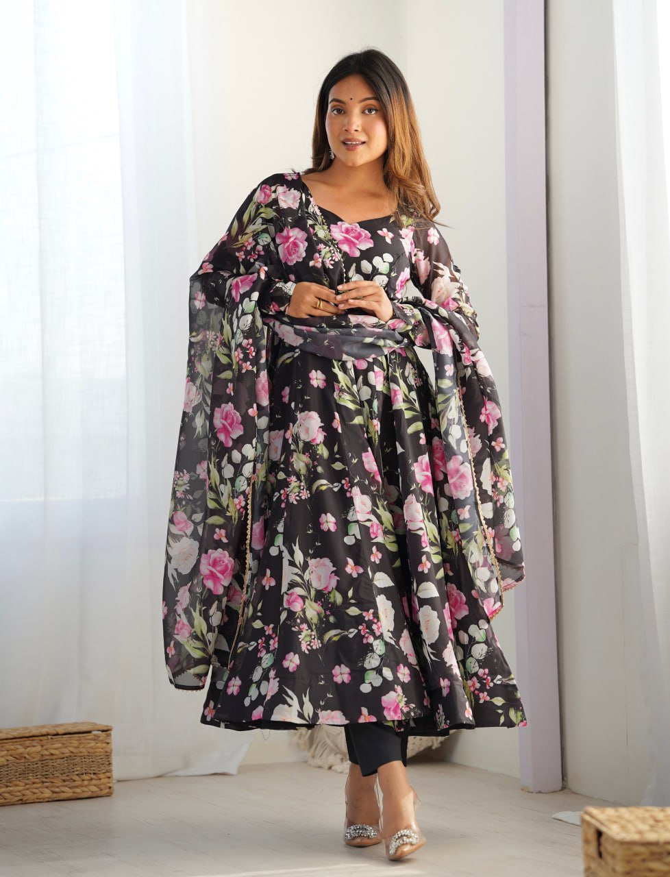BLACK Premium Organza Silk Printed Anarkali Suit with Gota Patti Dupatta