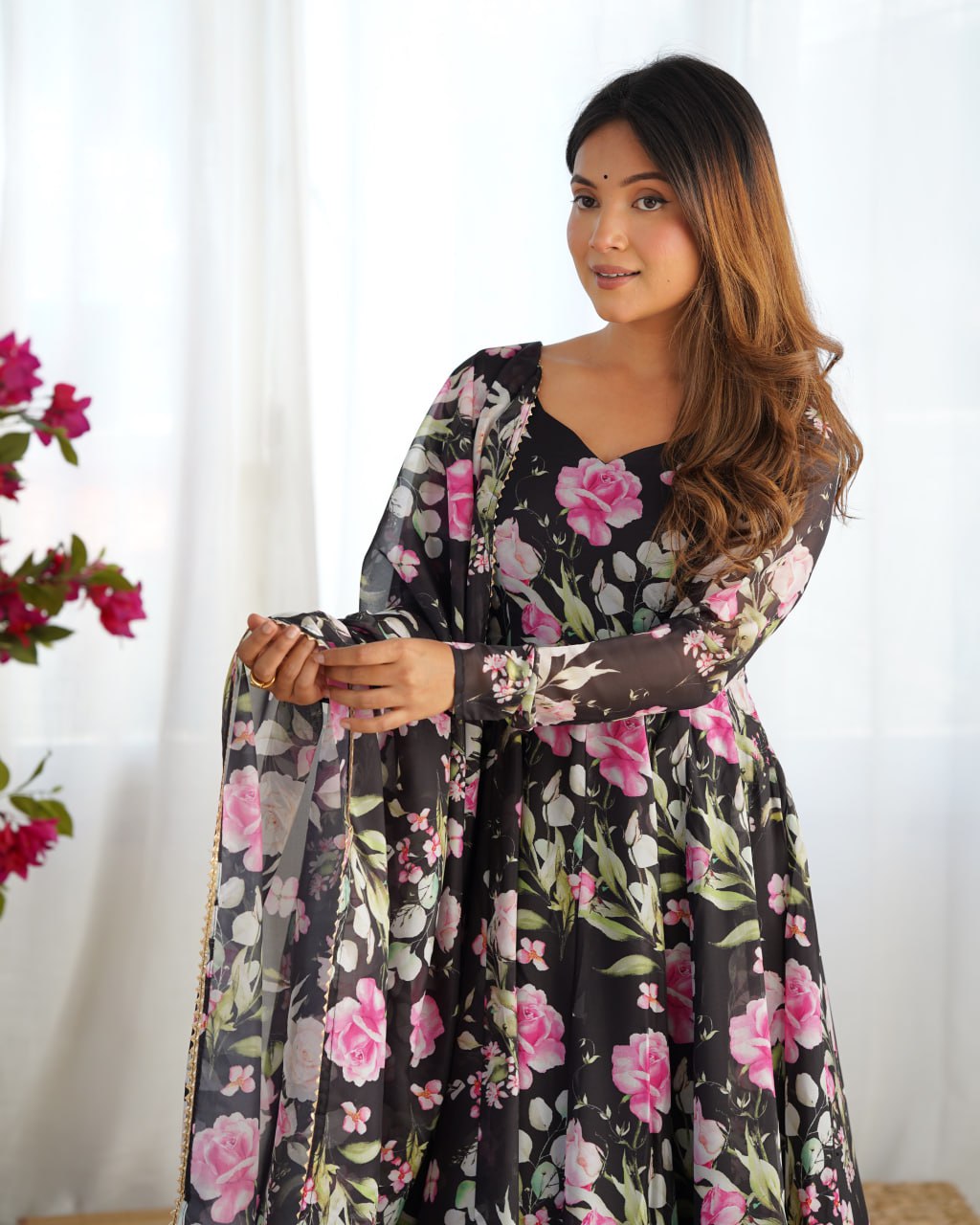 BLACK Premium Organza Silk Printed Anarkali Suit with Gota Patti Dupatta