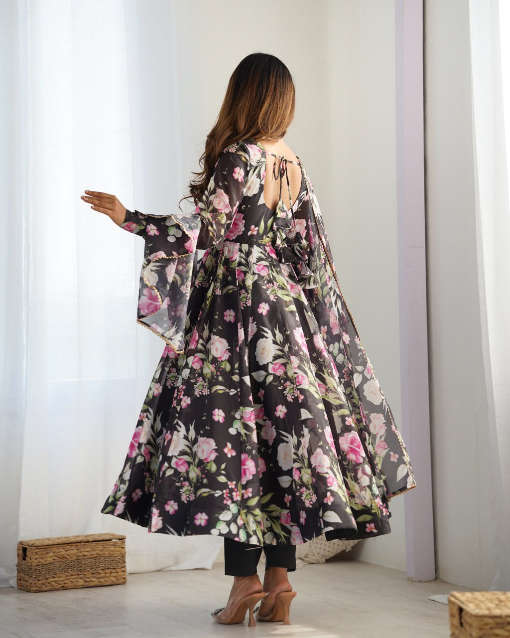 BLACK Premium Organza Silk Printed Anarkali Suit with Gota Patti Dupatta