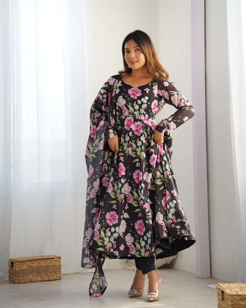 BLACK Premium Organza Silk Printed Anarkali Suit with Gota Patti Dupatta