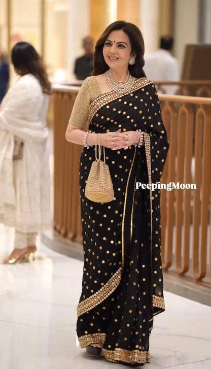 Black Pure Georgette Original Mirror & Embroidery Work Saree